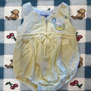Vintage Baby Romper Yellow Gingham Tennis Bear Zipper front 6-9month